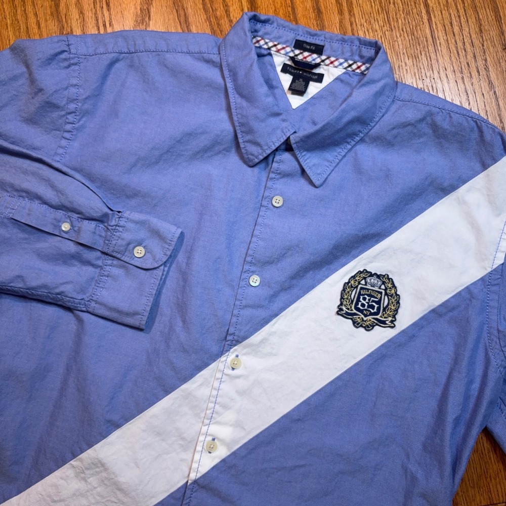 Tommy Hilfiger Shirt Mens XL Blue Sash Trim Fit Crest Patch Oxford Button Down